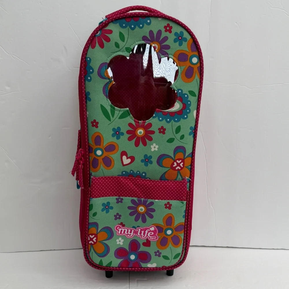 My Life As Doll Carrier Carrying Case Pink Floral Rolling Suitcase Travel Bag
